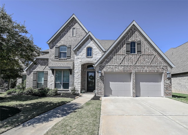 french country home with a garage, concrete driveway, brick siding, and stone siding