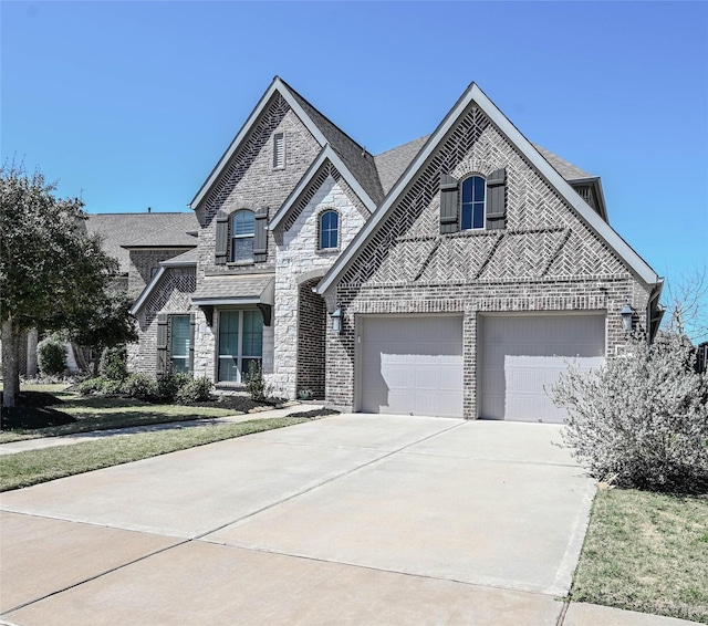 french country inspired facade featuring an attached garage, stone siding, concrete driveway, and brick siding