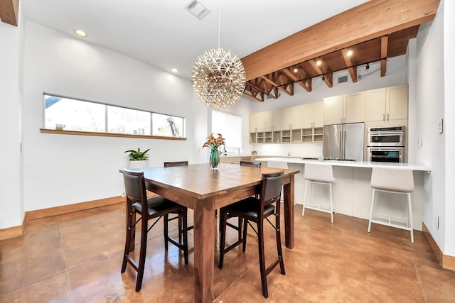 dining room featuring visible vents, baseboards, a chandelier, finished concrete floors, and beam ceiling