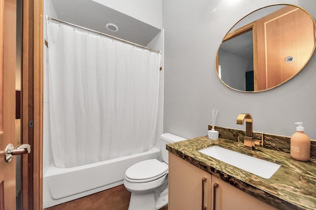 full bath featuring vanity, toilet, and shower / bathtub combination with curtain