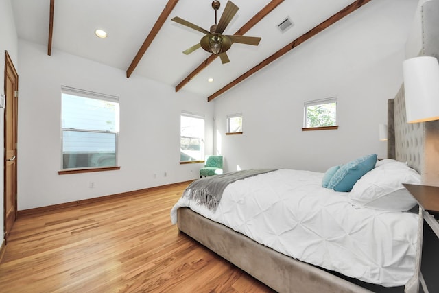 bedroom featuring visible vents, baseboards, beamed ceiling, recessed lighting, and light wood-style floors