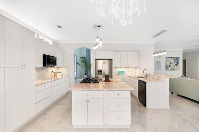 kitchen featuring visible vents, stainless steel fridge with ice dispenser, black dishwasher, a peninsula, and marble finish floor