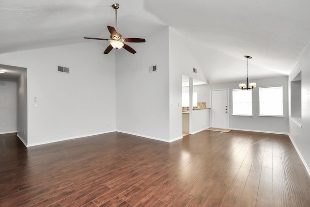 unfurnished living room with baseboards, visible vents, dark wood-style flooring, and ceiling fan with notable chandelier