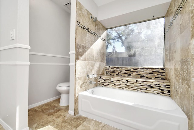 full bath featuring a shower, a tub to relax in, toilet, and baseboards