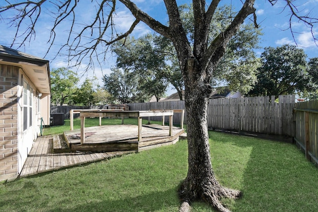 view of yard featuring a fenced backyard, a deck, and cooling unit