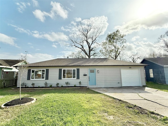 ranch-style house featuring driveway, a front lawn, an attached garage, and fence