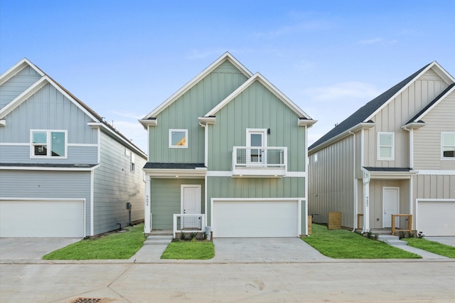 view of front facade with driveway, a shingled roof, a balcony, an attached garage, and board and batten siding