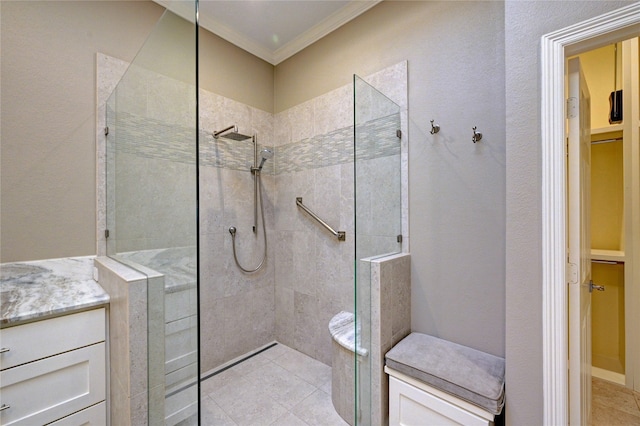 full bathroom with a walk in shower and crown molding