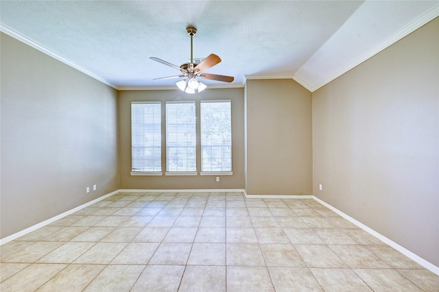 unfurnished room featuring ornamental molding, light tile patterned floors, a textured ceiling, and a ceiling fan