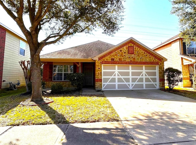 view of front of property featuring a garage, brick siding, driveway, and roof with shingles