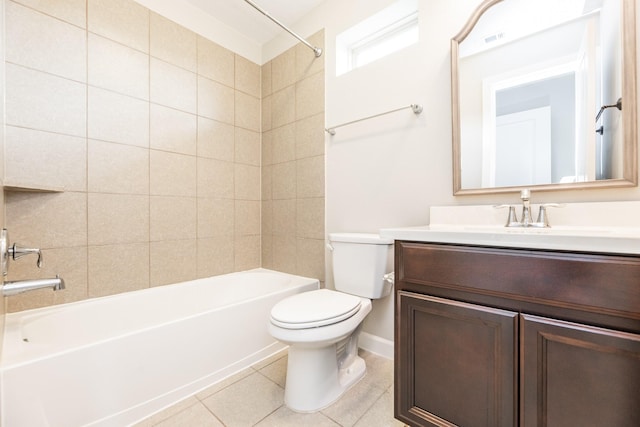 full bathroom with tile patterned floors, visible vents, toilet, washtub / shower combination, and vanity