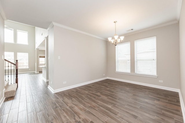 unfurnished room with visible vents, a notable chandelier, dark wood-style floors, baseboards, and stairs