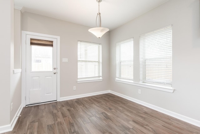 unfurnished dining area with baseboards and wood finished floors