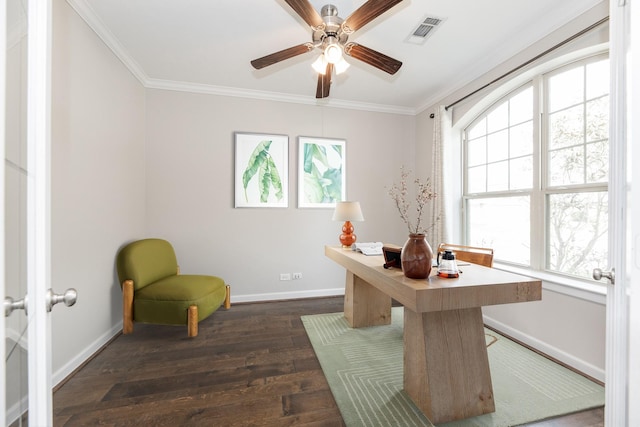 office space featuring visible vents, baseboards, crown molding, and dark wood-type flooring