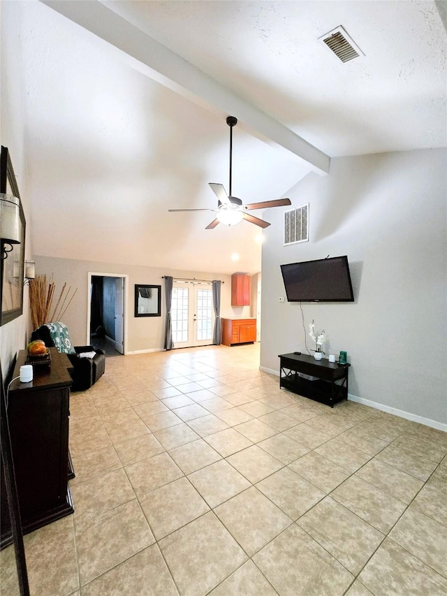 living room with vaulted ceiling with beams, french doors, light tile patterned floors, and visible vents