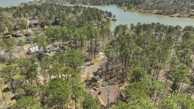 aerial view featuring a water view and a forest view