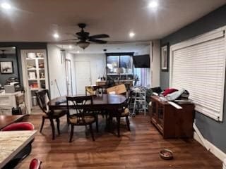 dining space featuring ceiling fan, baseboards, dark wood finished floors, and recessed lighting