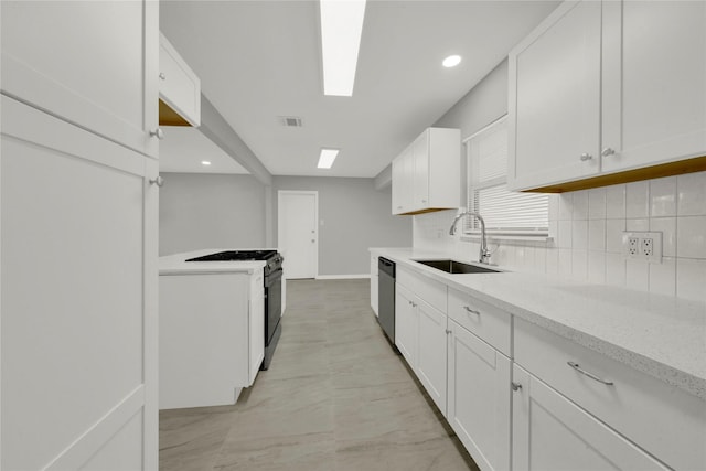 kitchen featuring a sink, visible vents, range with gas stovetop, decorative backsplash, and dishwasher