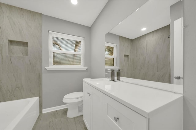 full bathroom with toilet, recessed lighting, vanity, baseboards, and marble finish floor