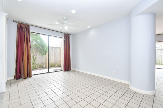 unfurnished room with baseboards, a ceiling fan, and recessed lighting