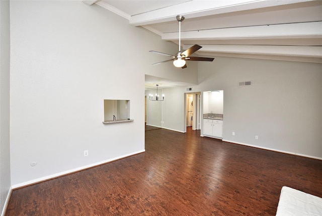 interior space with baseboards, visible vents, dark wood-style flooring, beamed ceiling, and ceiling fan with notable chandelier