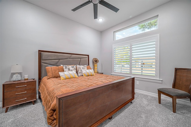 bedroom featuring carpet, ceiling fan, and baseboards