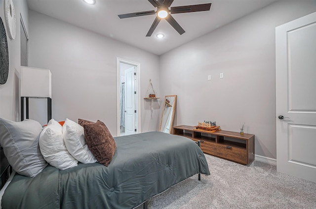 bedroom with baseboards, ceiling fan, carpet, and recessed lighting