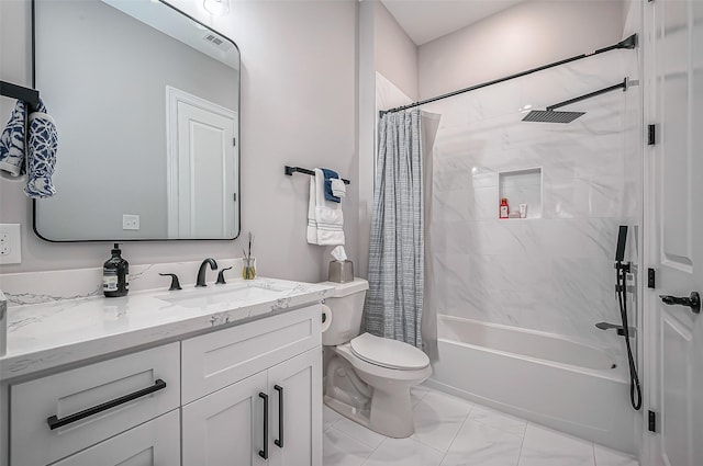 full bathroom with toilet, shower / tub combo, and vanity