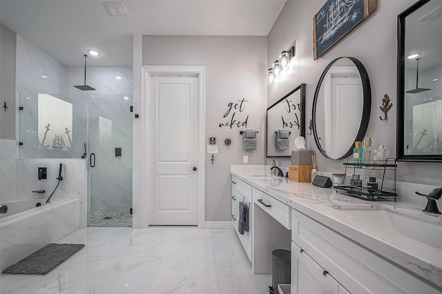 bathroom featuring visible vents, marble finish floor, a marble finish shower, a bath, and double vanity