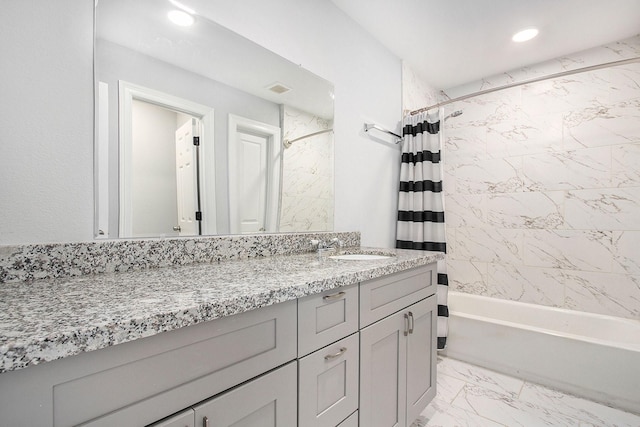 bathroom featuring recessed lighting, visible vents, vanity, marble finish floor, and shower / bathtub combination with curtain