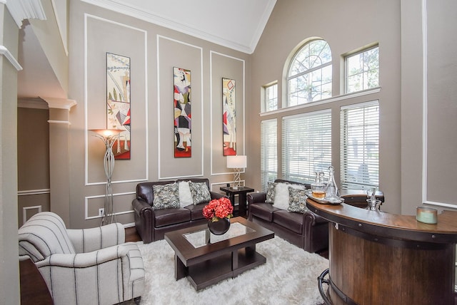 living room featuring vaulted ceiling, ornamental molding, wood finished floors, and a decorative wall