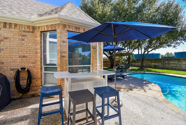 view of swimming pool featuring a fenced backyard, a fenced in pool, and a patio