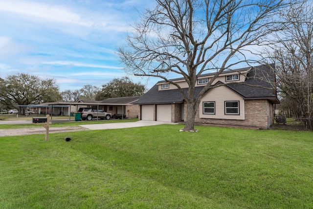 view of front of home with brick siding, roof with shingles, fence, driveway, and a front lawn