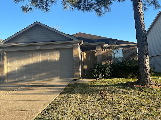 ranch-style house with a garage, driveway, and brick siding