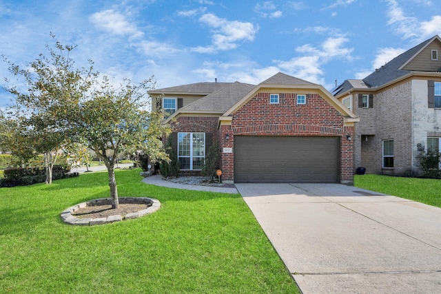 traditional-style house featuring a garage, a front yard, concrete driveway, and brick siding