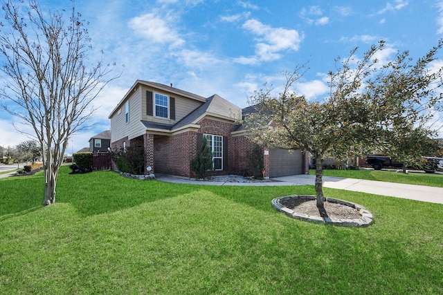 traditional home featuring an attached garage, brick siding, driveway, and a front lawn