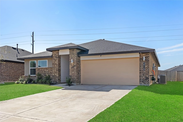 view of front of home featuring cooling unit, concrete driveway, brick siding, and a front yard