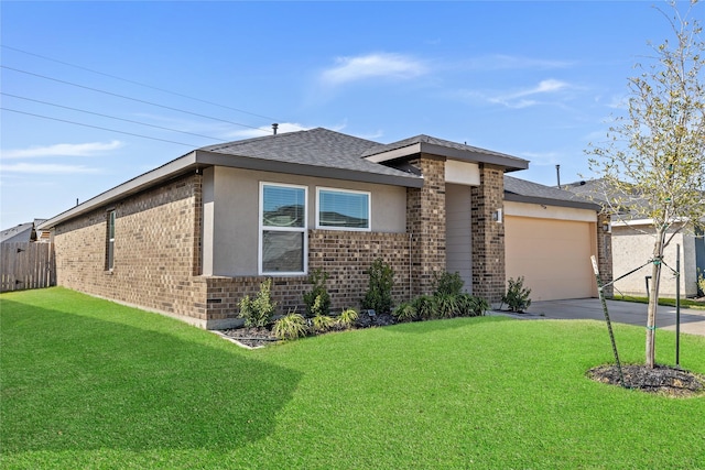 view of front of home featuring driveway, brick siding, a front lawn, and an attached garage