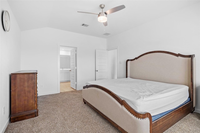 bedroom featuring lofted ceiling, carpet, visible vents, and baseboards