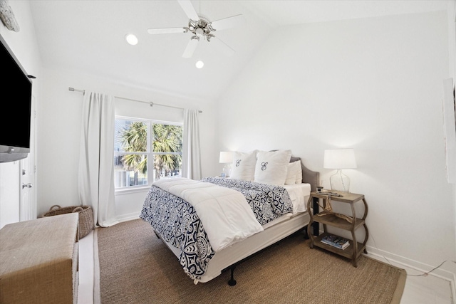 bedroom with ceiling fan, baseboards, vaulted ceiling, and recessed lighting