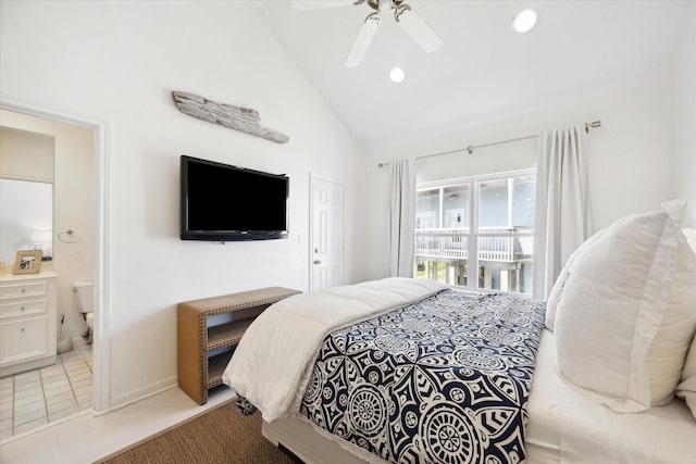 bedroom featuring light tile patterned floors, ensuite bath, ceiling fan, vaulted ceiling, and recessed lighting