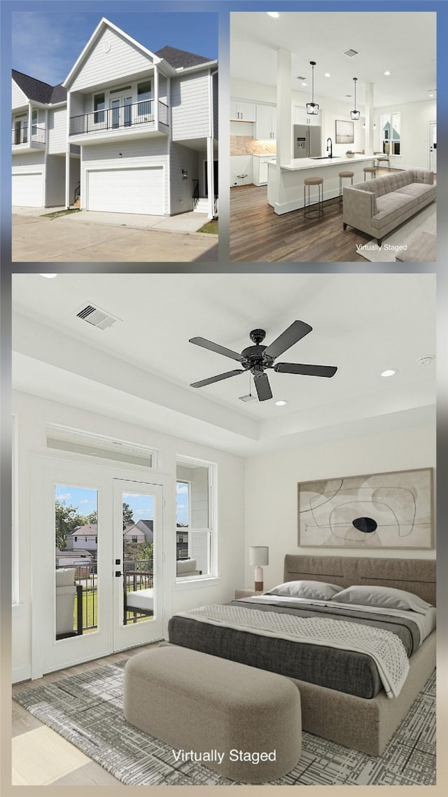 1807 Palmetto Landing Dr, Houston, TX 77009 - bedroom with access to outside, wood finished floors, recessed lighting, a sink, and french doors
