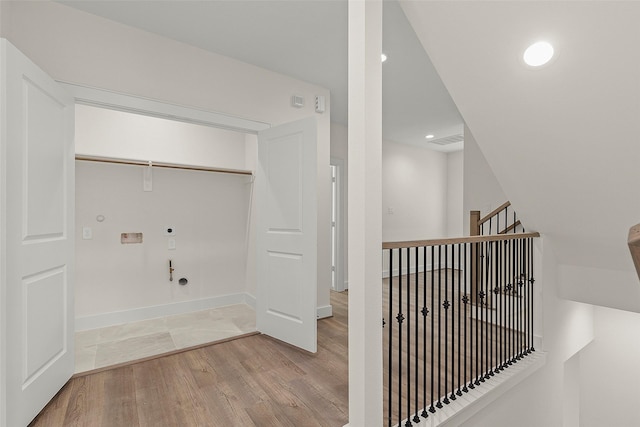 1807 Palmetto Landing Dr, Houston, TX 77009 - laundry room with gas dryer hookup, electric dryer hookup, wood finished floors, hookup for a washing machine, and recessed lighting