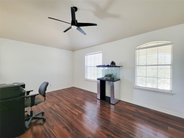 home office with lofted ceiling, ceiling fan, baseboards, and wood finished floors