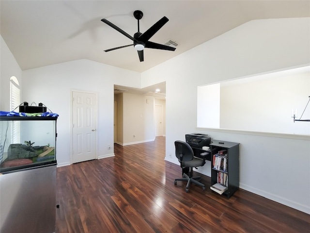 office with ceiling fan, baseboards, vaulted ceiling, and wood finished floors