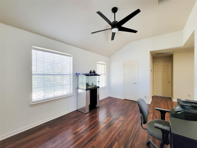 office with lofted ceiling, ceiling fan, visible vents, baseboards, and dark wood finished floors