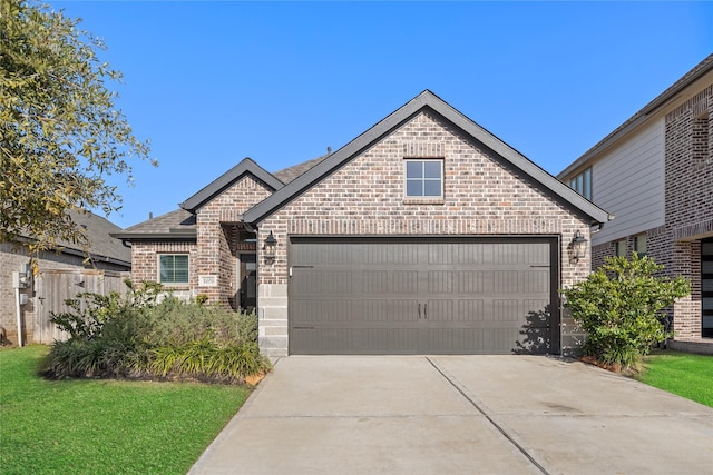 french country inspired facade with an attached garage, brick siding, fence, driveway, and a front lawn