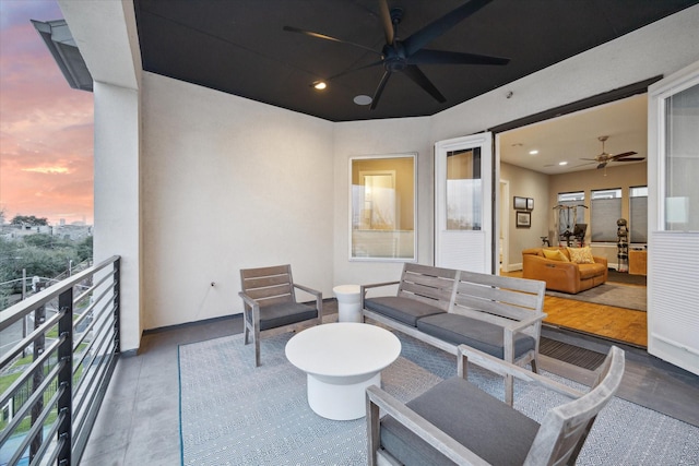 living area with recessed lighting and ceiling fan