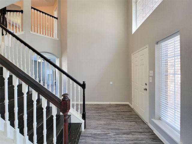 foyer entrance with baseboards, a high ceiling, and wood finished floors