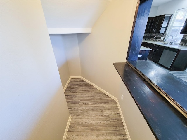 interior space with a sink, baseboards, and wood finished floors